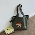 Sac cabas en toile verte avec broderie de maison champignon et lapin pour femmes - Broderie Maison de Champignon / Vert Armée