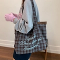 Brown and blue plaid wool tote bag featuring stylish coffee embroidery and large capacity - Blue Small Plaid