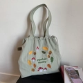 Sac fourre-tout en nylon vert clair avec broderie champignon et cordon de serrage - Vert Haricot