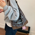 Grande borsa tote a quadretti marrone con inserti in velluto e scritte blu corsivo - Borsa a tracolla in lana a quadri (tracolla in velluto a coste) / Piccoli Quadri Blu