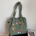 Olive green nylon tote bag with mushroom embroidery and drawstring closure - Dark Green