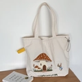 Sac fourre-tout en toile blanc cassé avec broderie de champignon et sangle jaune - Broderie Maison de Champignon / Beige