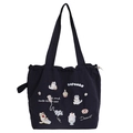 Borsa tote in tela nera con ricami colorati di gatti carini e motivi di dessert - Spalla con Coulisse Ricamata: Illustrazione di Gatto (Blu Marino)