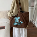 Brown corduroy tote bag with blue Brave My World embroidery and plaid shoulder strap - Double Sided Corduroy Checkered Style / Brown