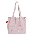 Borsa tote rosa con coulisse e ricami di gatti e dolci in morbido tessuto di nylon - Spalla con Coulisse Ricamata: Illustrazione di Gatto (Rosa)