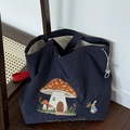 Navy blue canvas tote bag with mushroom house embroidery and red ribbon handle - Mushroom House Embroidery / Navy Blue