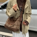 Brown checkered corduroy shoulder bag featuring cursive embroidery and drawstring closure - Woolen Plaid Crossbody Bag (Corduroy Strap) / Brown Plaid