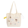 Borsa tote crema con coulisse e ricami di cuccioli di cartone animato e dessert - Spalla con Coulisse Ricamata: Illustrazione di Cucciolo (Beige)