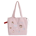 Light pink tote bag with cute puppy and afternoon tea embroidery and drawstring detail - Embroidered Drawstring Shoulder: Puppy Illustration (Pink)