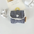 Cute black and white plaid earphone pouch with lace trim and yellow clip - Small Navy Blue Grid