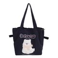 Dark blue tote bag with cute white puppy embroidery and adjustable drawstring details - Embroidered Drawstring Shoulder: Little White Dog (Navy)