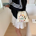 Sac bandoulière mignon en nylon beige avec broderie champignon et sangle tressée - Broderie de Feuilles et de Champignons / Blanc Cassé