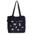 Dark blue canvas tote bag with Pudding Puppy cartoon embroidery and long shoulder straps - Embroidered Drawstring Shoulder: Puppy Illustration (Navy)