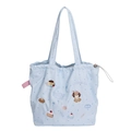 Light blue polka dot tote bag with cute puppy embroidery and pink drawstring accents - Embroidered Drawstring Shoulder: Puppy Illustration (Blue Polka Dot)