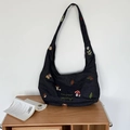 Sac hobo en denim gris foncé avec broderies nature et bandoulière réglable pratique - Bandoulière Unique en Denim / Noir Champignon
