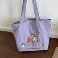 Bolso tote morado de gran capacidad con bordado de ciervos del bosque y setas - Bordado Ciervo Cordón / Morado