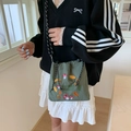 Green nylon crossbody phone bag with mushroom embroidery and woven shoulder strap - Leaf Mushroom Embroidery / Dark Green