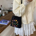 Cute black nylon drawstring bucket bag with forest embroidery and adjustable strap - Leaf Mushroom Embroidery / Black