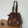 Bolso tote de lona marrón café con bordado de animales del bosque y cordón ajustable - Bordado Ciervo Cordón / Marrón