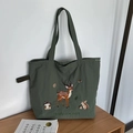 Bolso tote de lona verde oscuro con bordados de animales del bosque y diseño de setas - Bordado Ciervo Cordón / Verde Militar