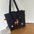 Black canvas tote bag featuring forest animal embroidery and adjustable drawstrings - Deer Embroidery Drawstring / Navy Blue
