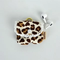 Detail of leopard print corduroy earphone pouch with white lace trim and plastic hook - Beige Large Leopard