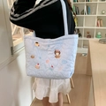 Quilted light blue tote bag with heart patterns and cute puppy afternoon tea embroidery - Heart Quilted Blue Little Dog