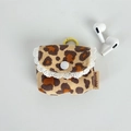 Detail of leopard print corduroy earphone case with delicate white lace trim and hook - Yellow Large Leopard