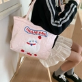 Pink quilted puppy tote bag with cute cat embroidery and soft cotton finish - Heart Quilted Pink White Cat
