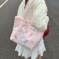 Pink heart quilted tote bag featuring cute cat and dessert embroidery in a large capacity - Heart Quilted Pink Little Cat