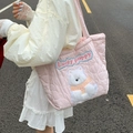 Pink heart quilted tote bag with Lucky Puppy embroidery and cute dog patch for women - Heart Quilted Pink White Dog
