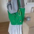 Japanische grüne Canvas-Tragetasche mit Stickerei aus Pilzen und Welpen-Motiv - Grün