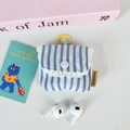 Detail of striped fabric earphone case with white lace trim and yellow hook - Blue Purple Stripe