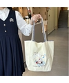 Detail of cute puppy embroidery and blue checkered handle on cream canvas tote bag - Picnic Dog (Beige)