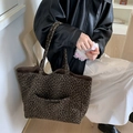Large leopard print tote bag with outer pocket shown as a stylish shoulder bag - Grey Leopard Print (Black Label Double-sided Large Shoulder Bag)