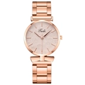 Elegant rose gold women watch with leaf textured dial and three-link metal chain strap - Beige
