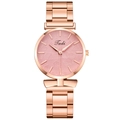 Fashion women watch with rose gold metal strap and pink leaf pattern textured dial - Pink
