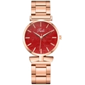 Elegant rose gold stainless steel watch with a deep red leaf texture dial for women - Red