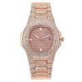 Luxurious rose gold quartz watch with full iced-out crystals and calendar display - Rose Gold