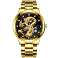Detail of a luxury gold dragon relief dial with crystal markers and date window - Gold Band Gold Case Black Dial