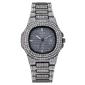Reloj octagonal de acero con diamantes de imitación, esfera gris oscuro y ventana de fecha - Negro