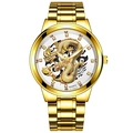 Men's gold quartz watch with 3D dragon relief dial, rhinestone markers and date display - Gold Band Gold Case White Dial