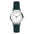 Minimalist women quartz watch with dark green leather strap and silver round dial - Green Strap White Face