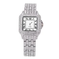 Square silver women's quartz watch with full iced-out diamonds and Roman numerals - Silver
