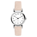 Close-up of white dial with Arabic numerals on a pink leather strap quartz watch - Khaki