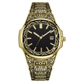 Detailed macro view of the gold-engraved floral pattern on the band and watch case - Gold Case Black Dial