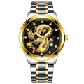 Dettaglio orologio da uomo con rilievo di drago dorato e indici in diamante - Cinturino Bicolore Oro Argento Cassa Argento Quadrante Nero