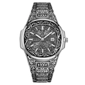 Retro relief carved stainless steel men's watch with date display on black dial - Silver Case Silver Dial