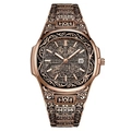 Men's rose gold steel watch with embossed floral patterns and calendar display - Rose Gold Case Rose Gold Dial
