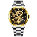 Detail of classic golden dragon relief on black dial with steel strap and date window - Silver Band Silver Case Black Dial